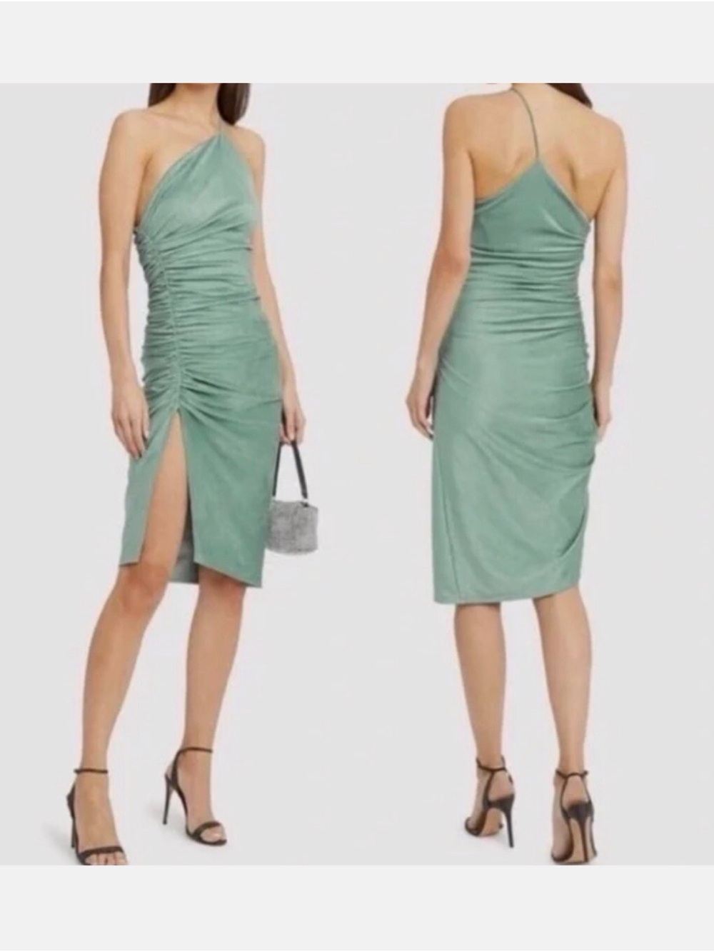 Ronny Kobo Ruched One-Shoulder Sage Green Cocktail Dress